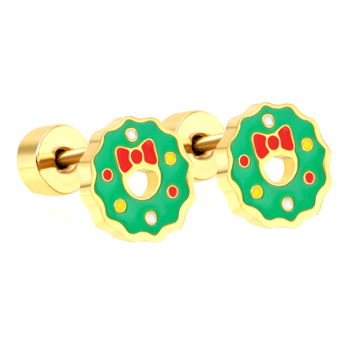 Christmas Wreath Earrings | Screw-Back Holiday Studs | Hypoallergenic Earrings for Women & Children