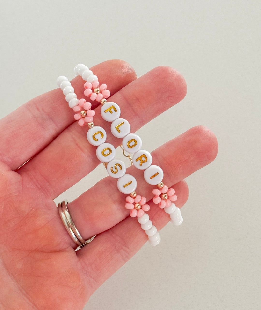 Pink Flower Name Bracelet