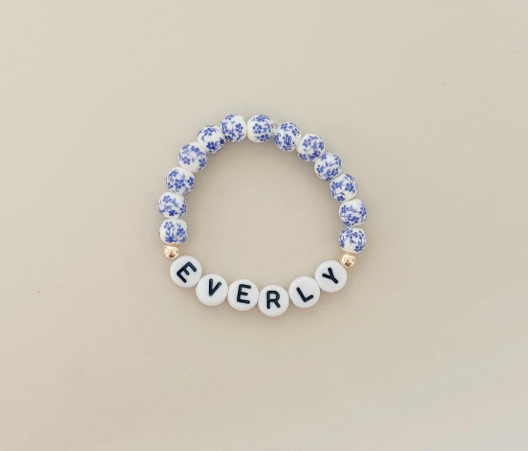 Blue floral personalized name bracelet