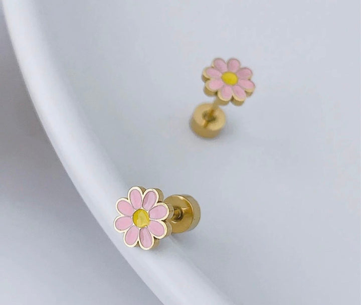 Pink flower screwback earrings