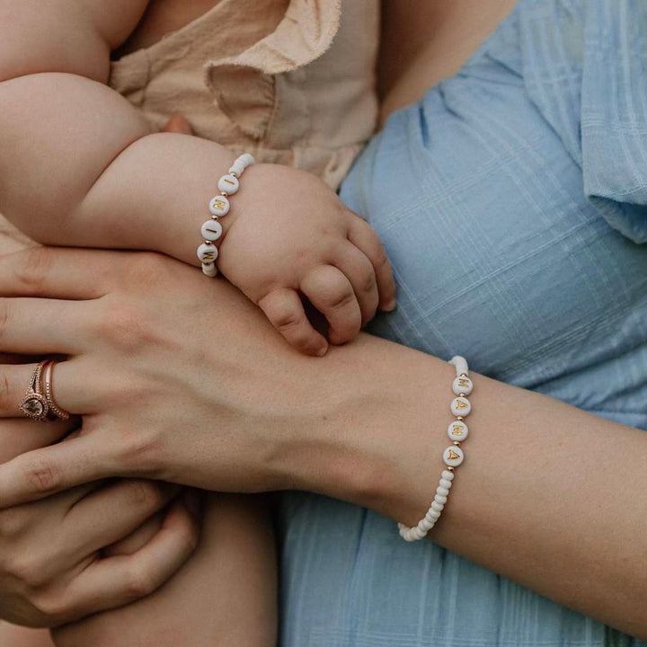 Mama and Mini White Name Bracelet Set – Custom, Gold-Filled & Hypoallergenic