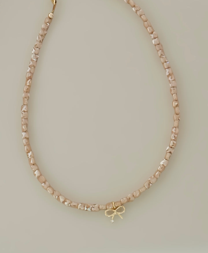 Gold shimmer bow Beaded Necklace | Gold Bow Charm Necklace