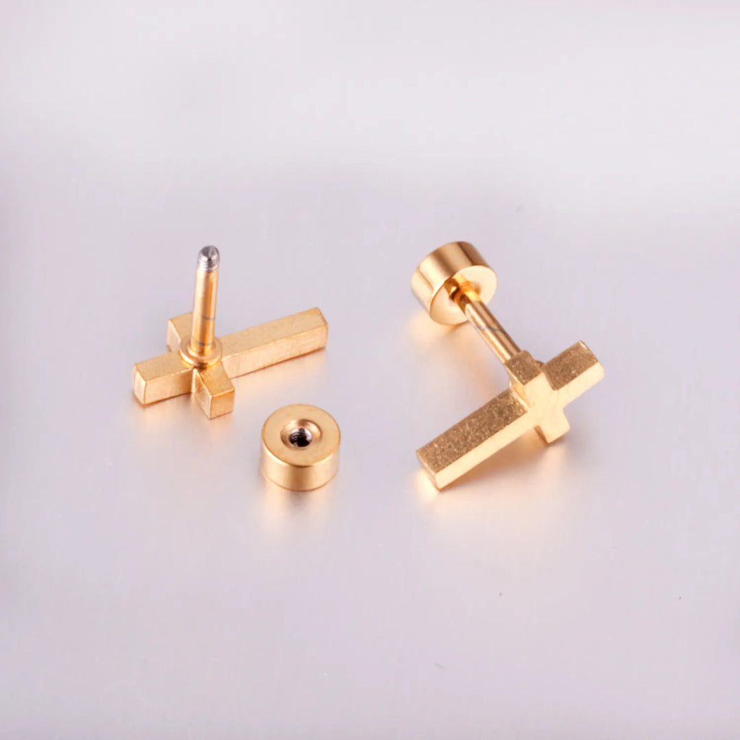 Gold cross screw-back earrings