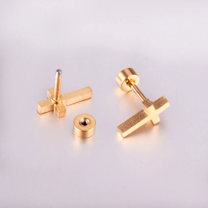 Gold cross screw-back earrings