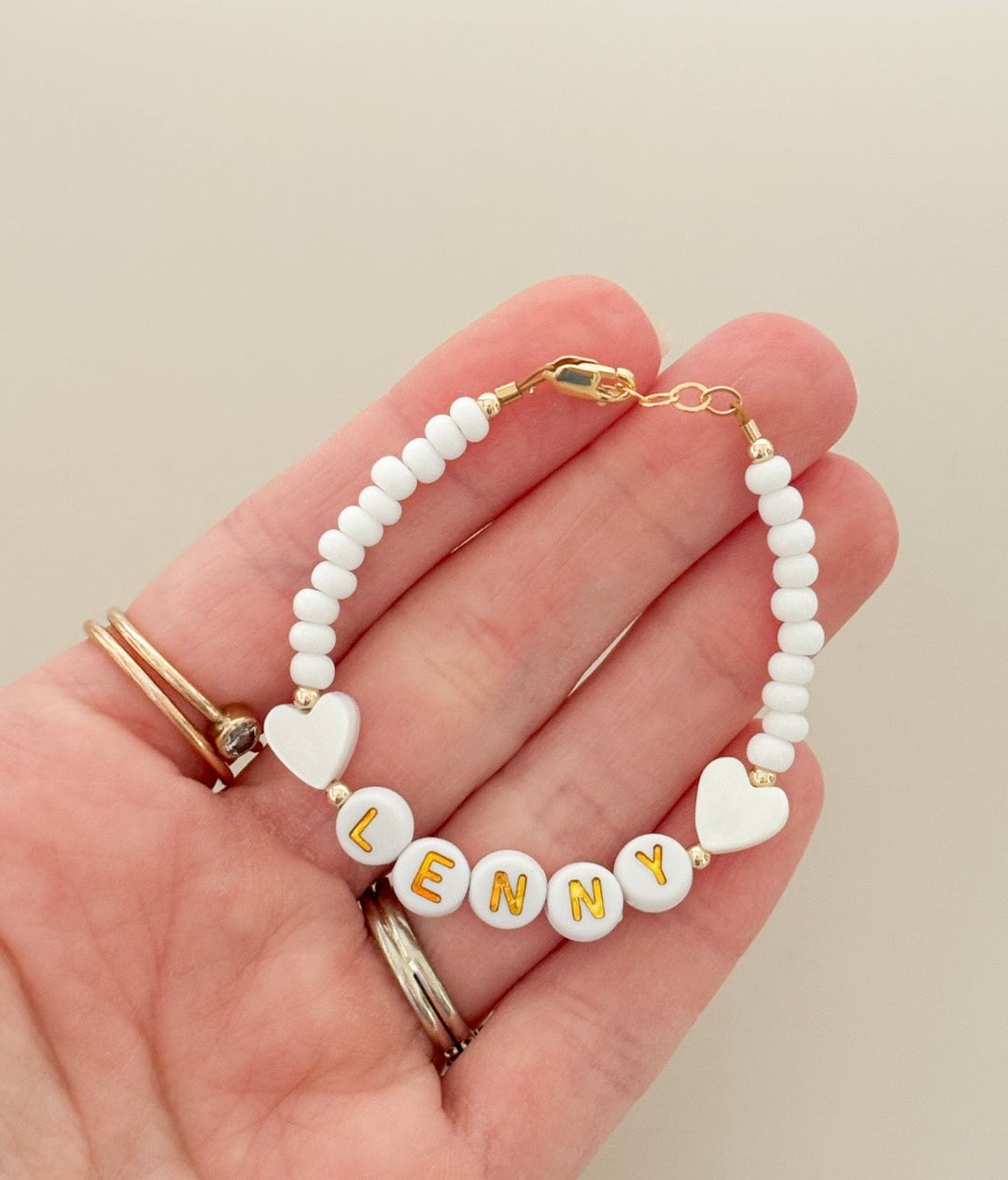 Personalized Baby Name Bracelet – Gold &amp; White Heart Beaded Bracelet