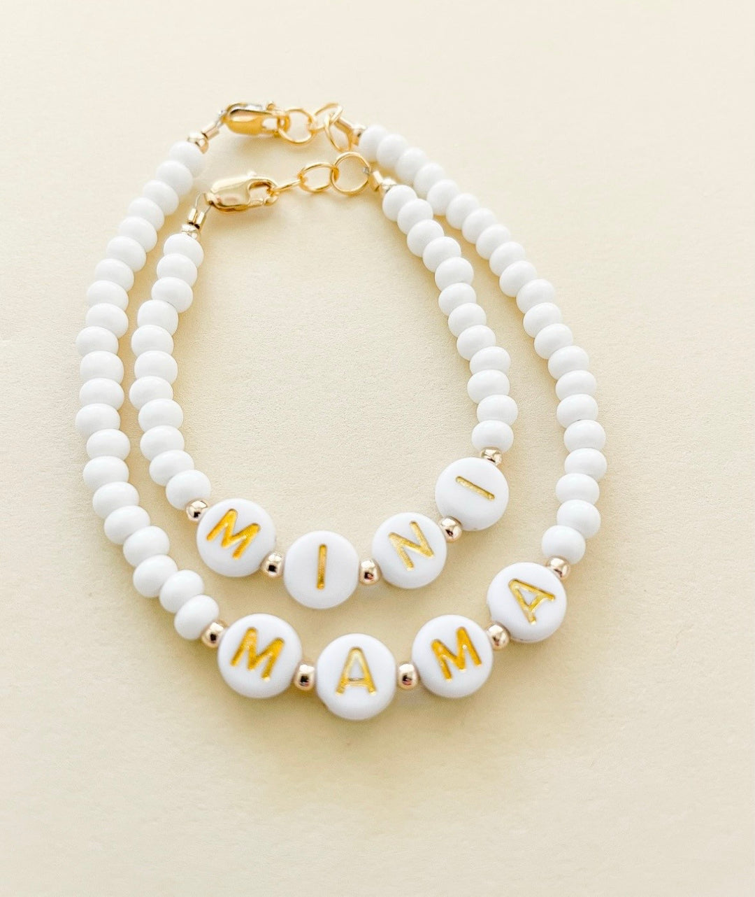 Mama and Mini White Name Bracelet Set