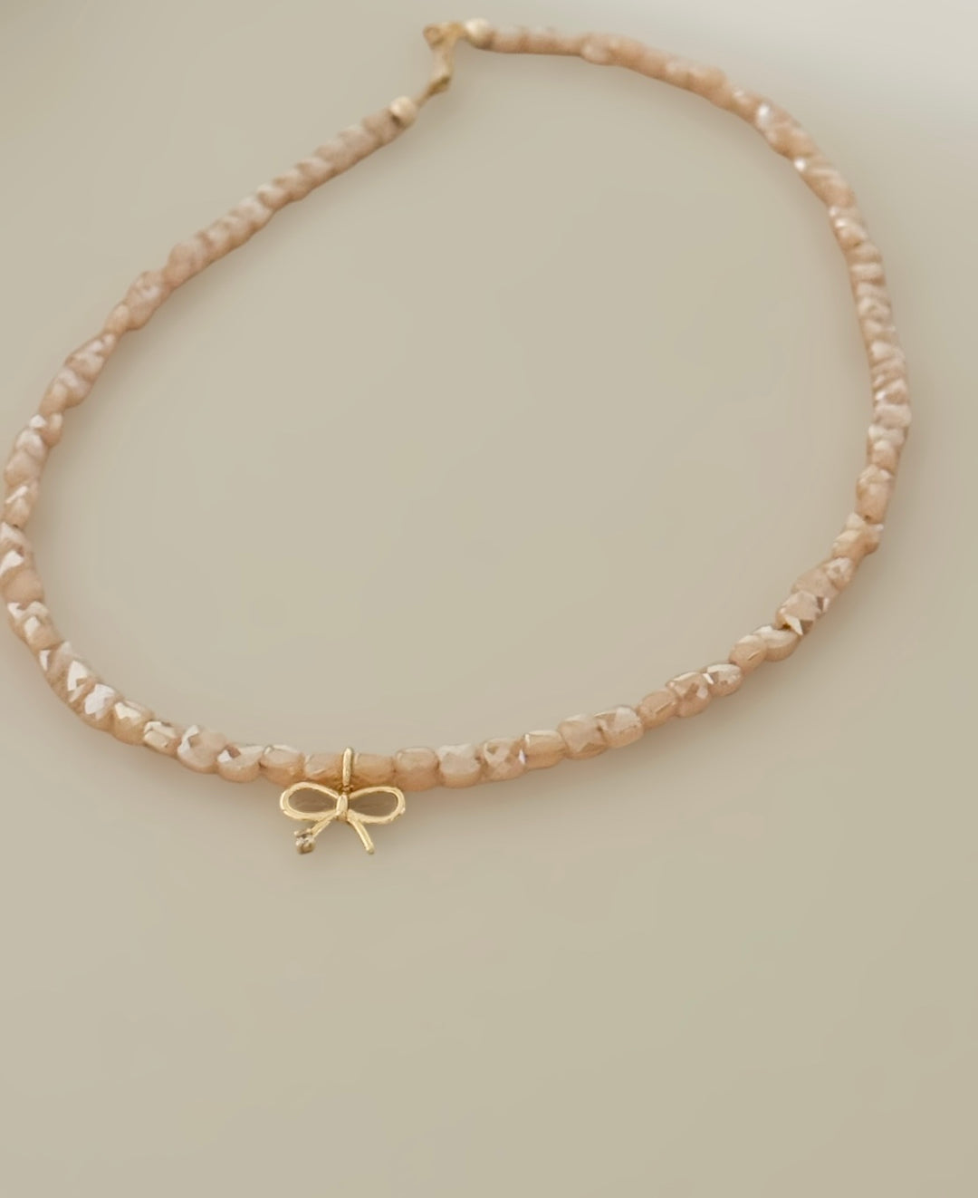 Gold shimmer bow Beaded Necklace | Gold Bow Charm Necklace