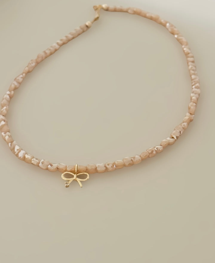 Gold shimmer bow Beaded Necklace | Gold Bow Charm Necklace