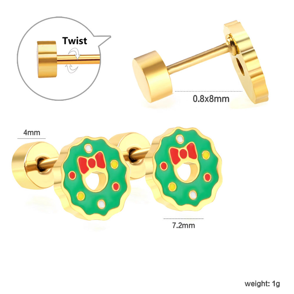Christmas Wreath Earrings | Screw-Back Holiday Studs | Hypoallergenic Earrings for Women & Children