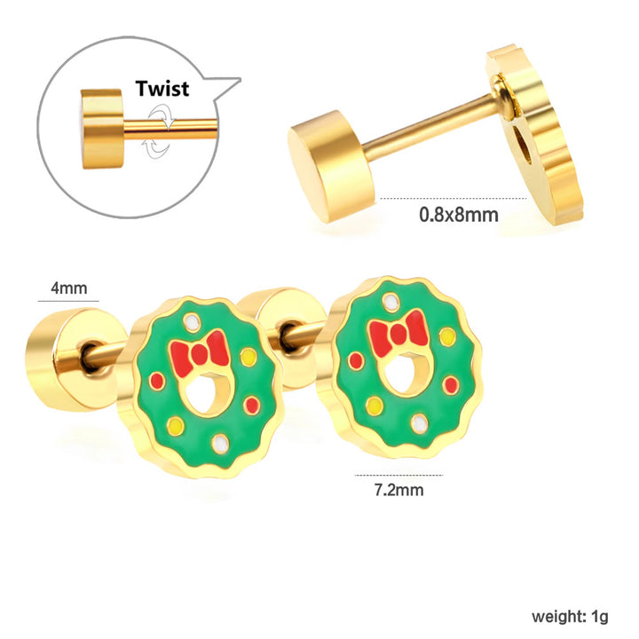 Christmas Wreath Earrings | Screw-Back Holiday Studs | Hypoallergenic Earrings for Women & Children