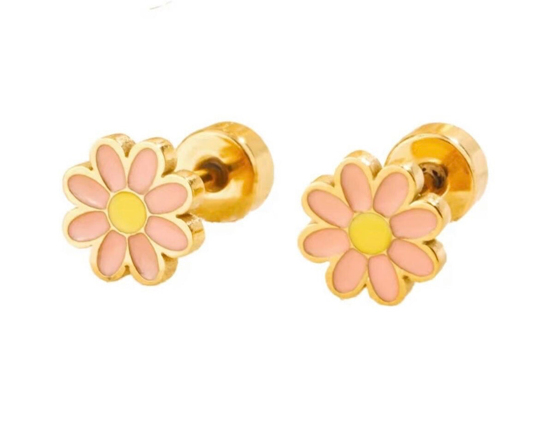 Pink flower screwback earrings