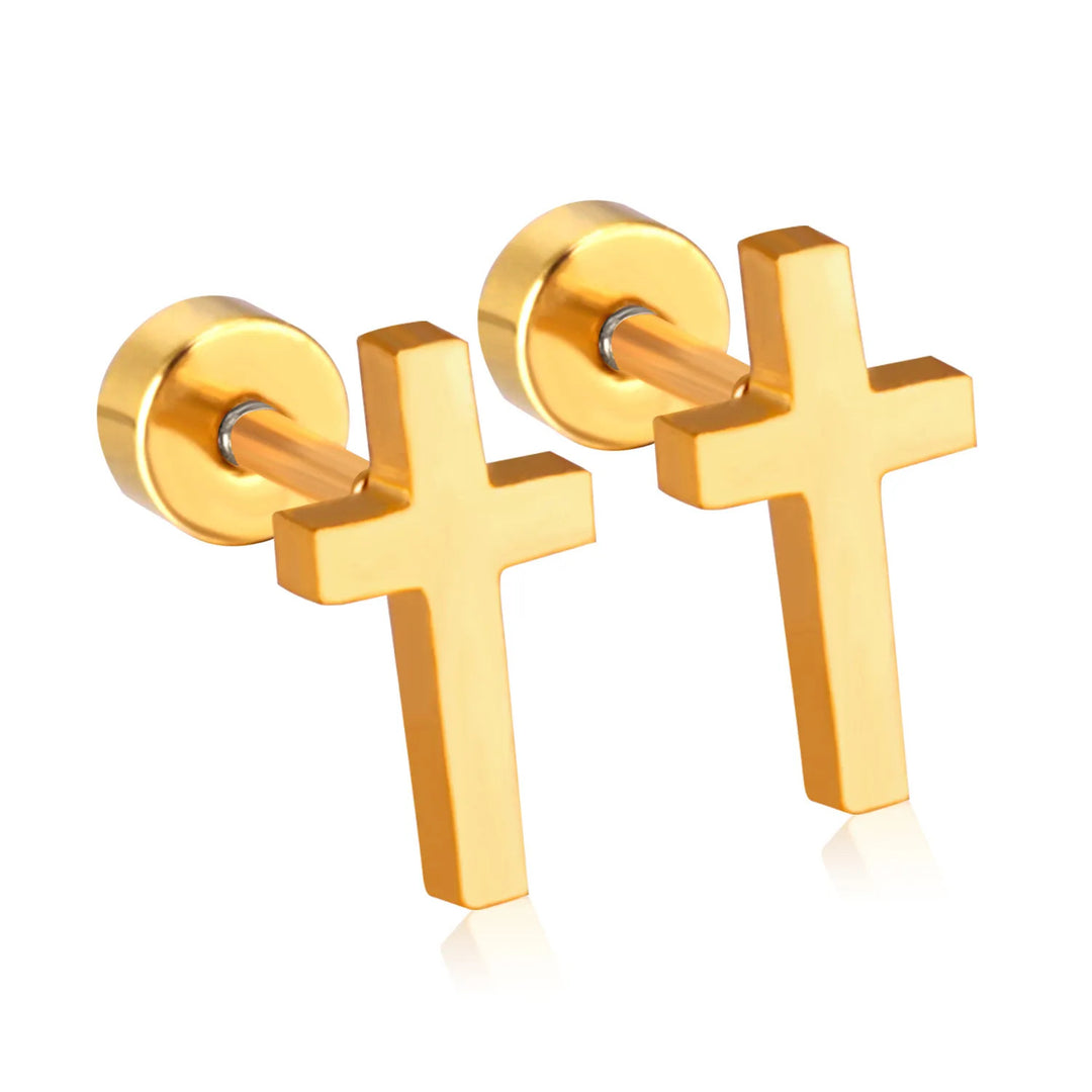 Gold cross screw-back earrings