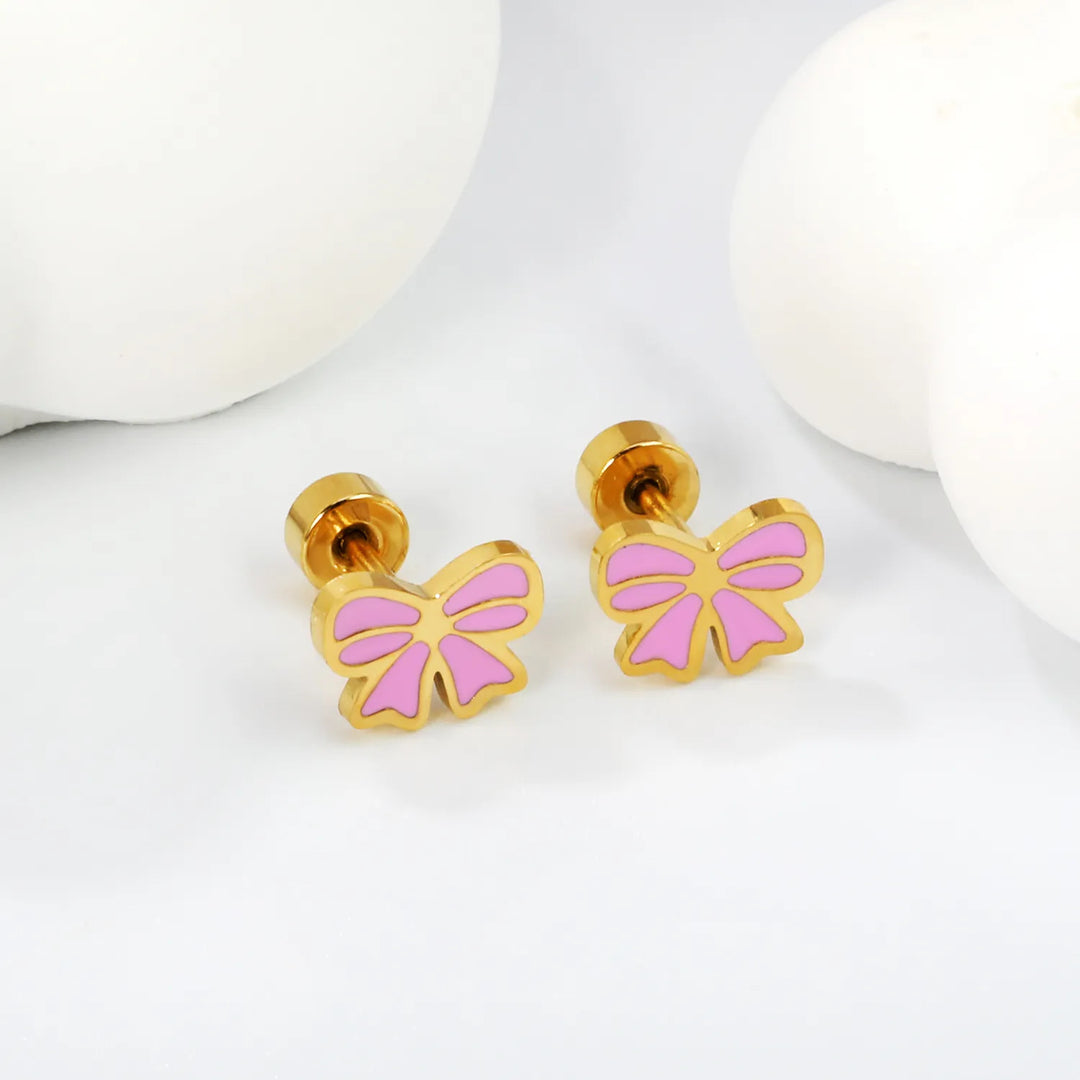 Pink bow screw-back earrings