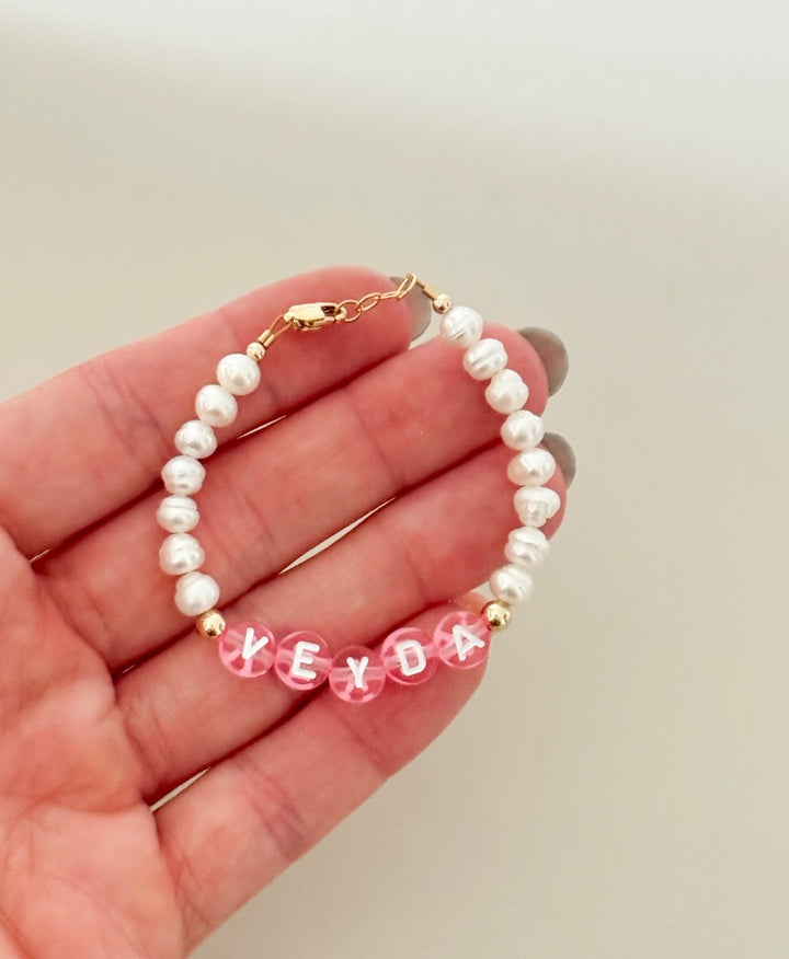 Personalized Pink Name Bracelet with Freshwater Pearls | Baby &amp; Girls Bracelet