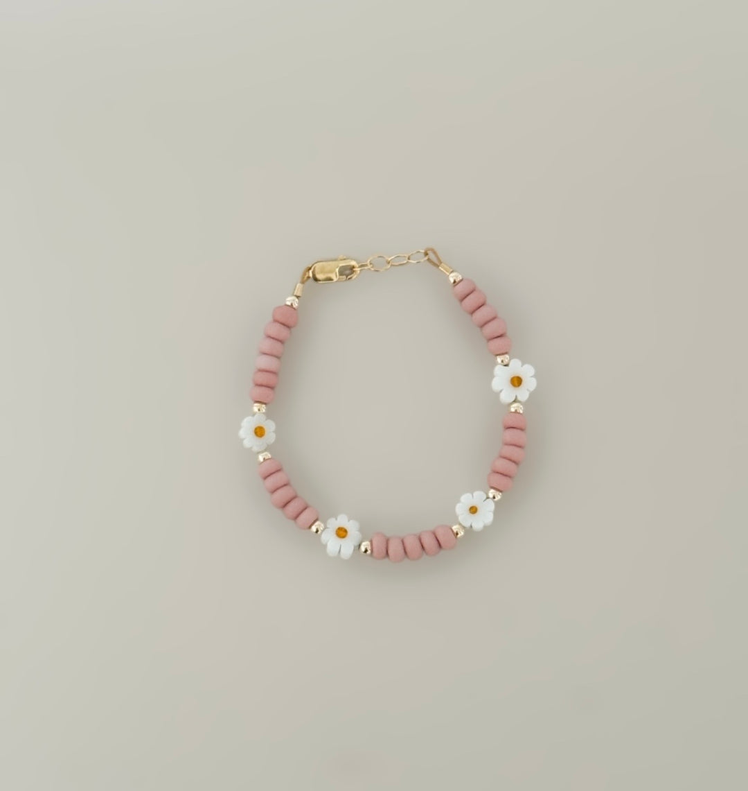 Blush Daisy Bead Bracelet – Dainty Pink & White Flower Bracelet (Hypoallergenic, Gold-Filled Hardware)
