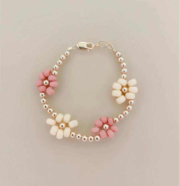 Pink & Cream Daisy Bracelet | Floral Beaded Bracelet with Gold Accents