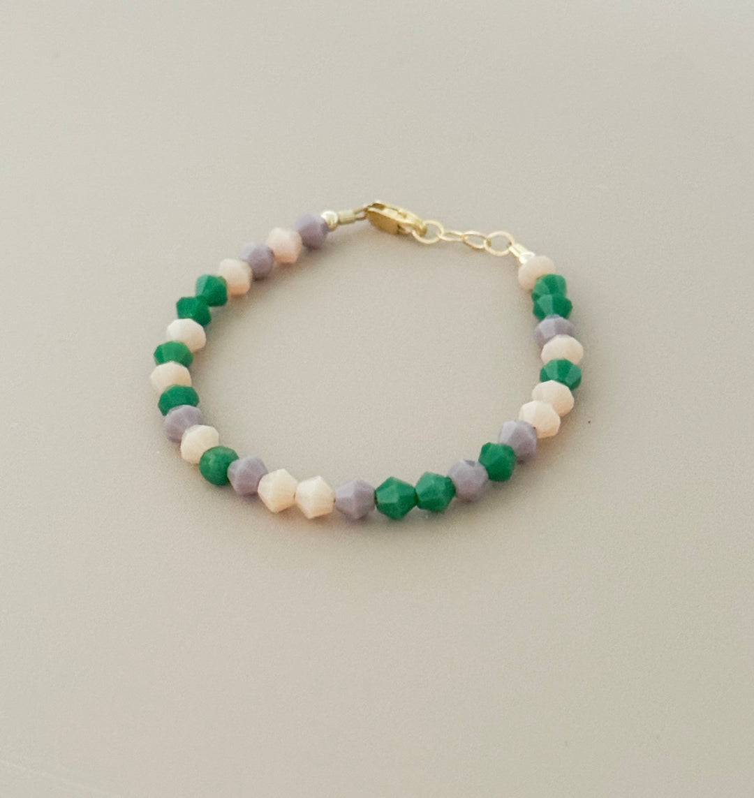 Soft Pastel Baby Bracelet | Green, Lavender & Cream | Hypoallergenic Gold-Filled