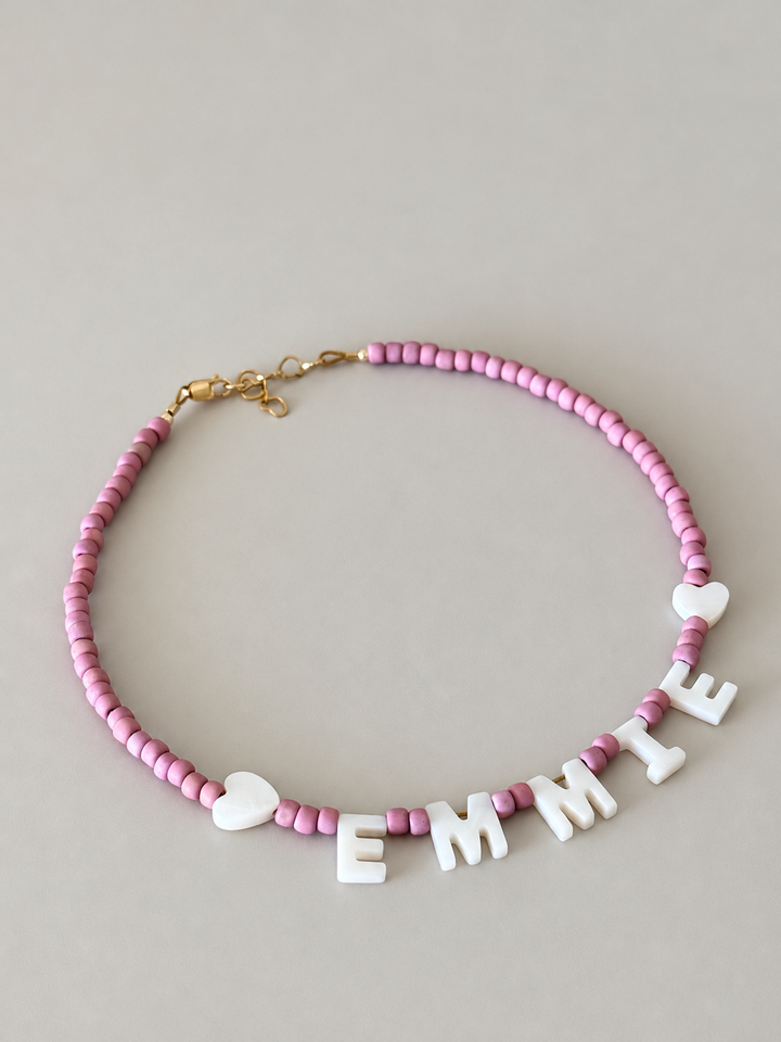 Personalized Pink Beaded Name Necklace with Hearts
