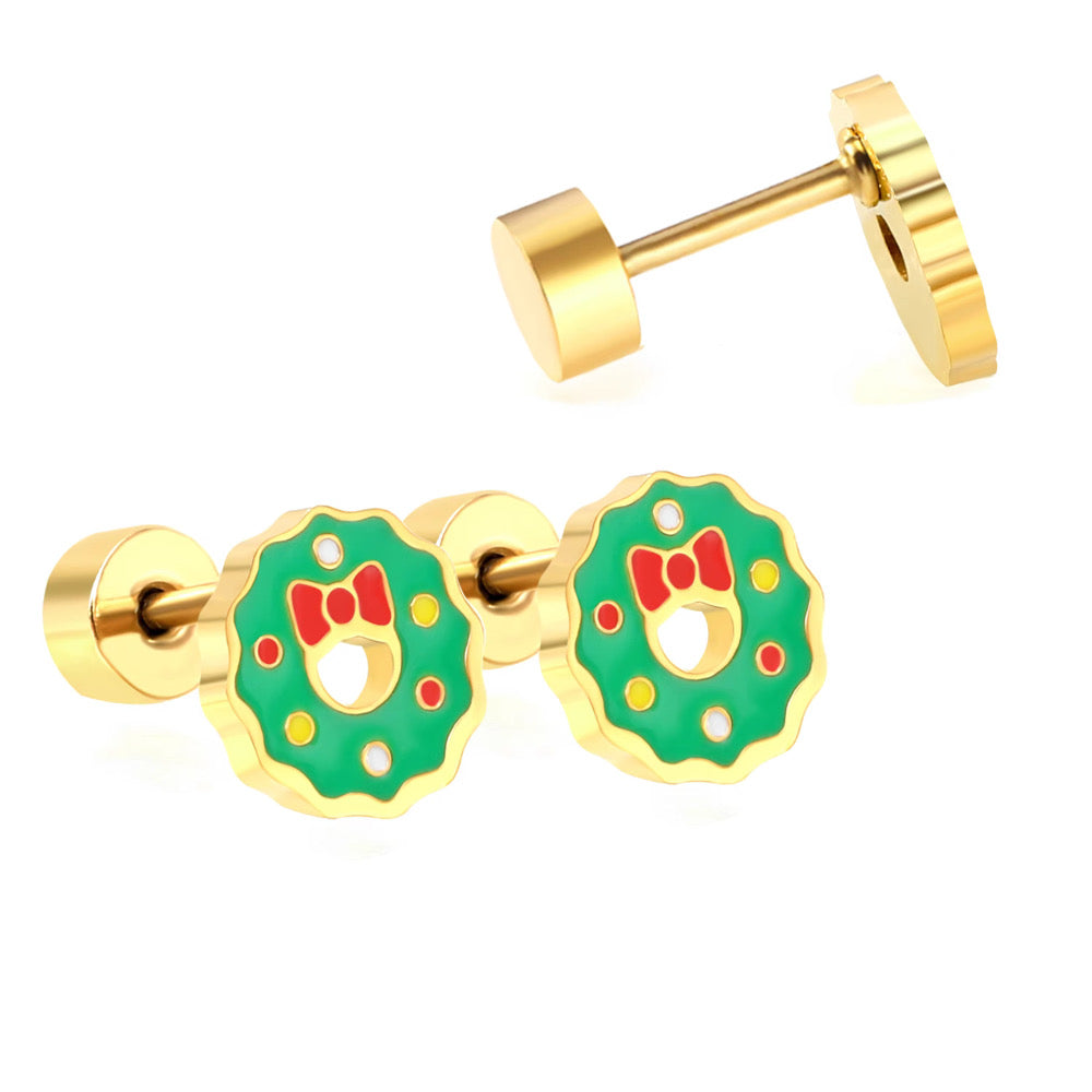 Christmas Wreath Earrings | Screw-Back Holiday Studs | Hypoallergenic Earrings for Women & Children
