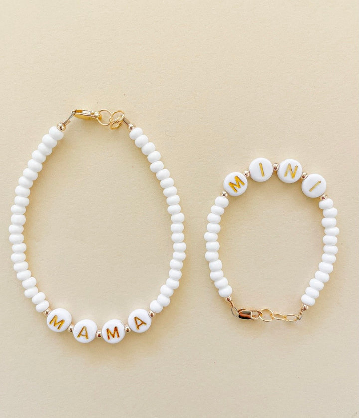 Mama and Mini White Name Bracelet Set