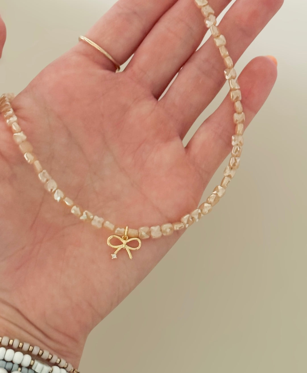 Gold shimmer bow Beaded Necklace | Gold Bow Charm Necklace