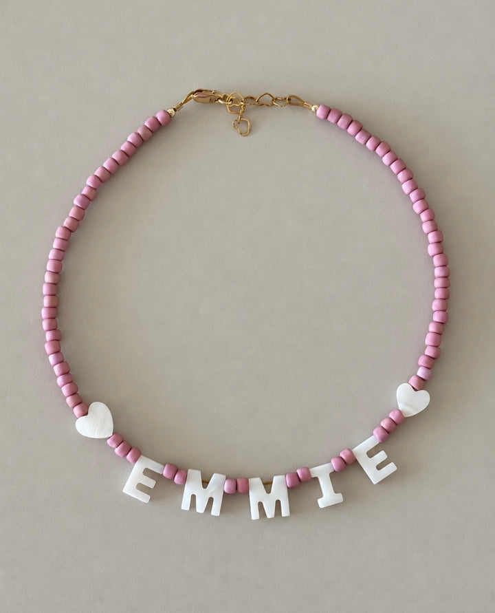 Personalized Pink Beaded Name Necklace with Hearts