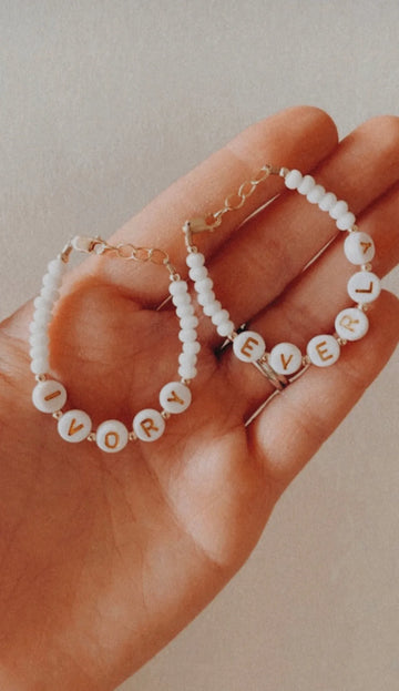 Mama and Mini White Name Bracelet Set – Custom, Gold-Filled & Hypoallergenic