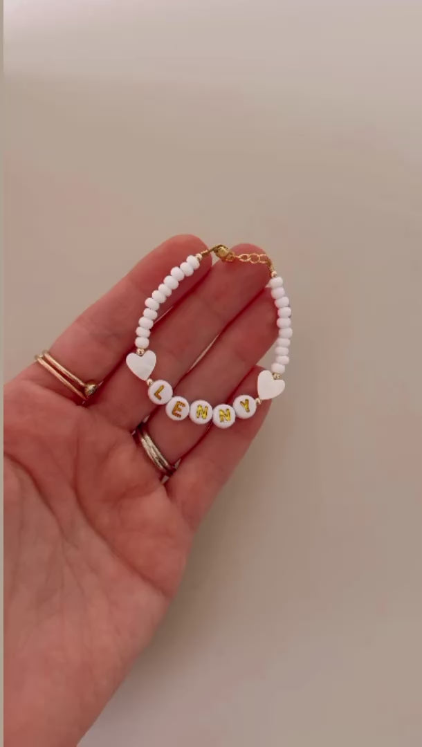 Personalized Baby Name Bracelet – Gold &amp; White Heart Beaded Bracelet